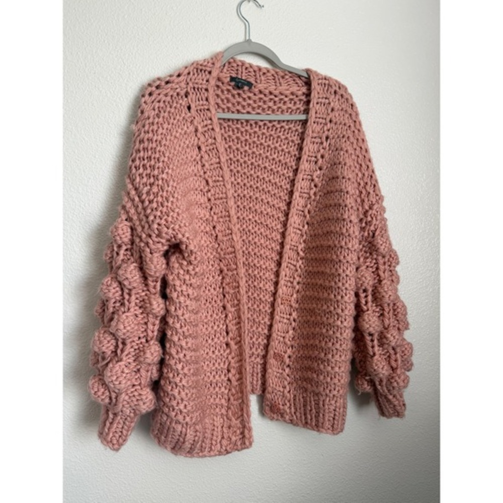 &merci Pink‎ Chunky Knit Bobble Sleeve Cardigan Sweater Medium Wool Blend Rose